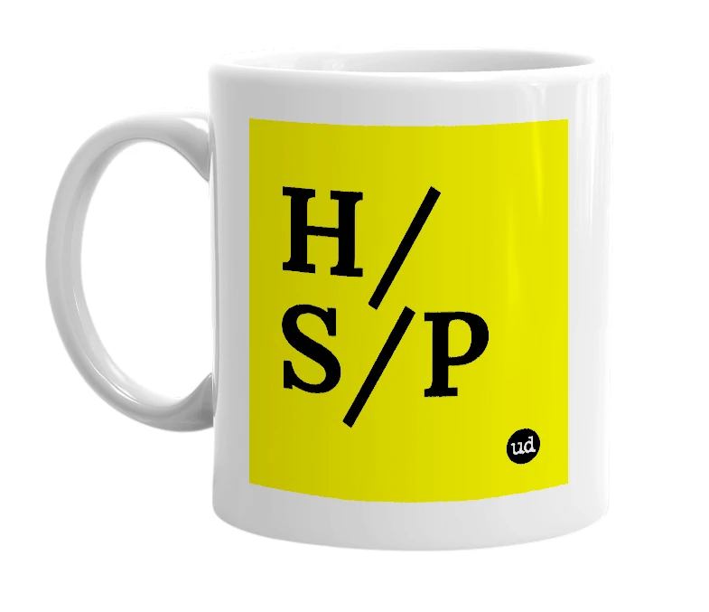 White mug with 'H/S/P' in bold black letters