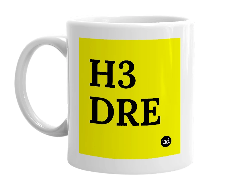 White mug with 'H3 DRE' in bold black letters