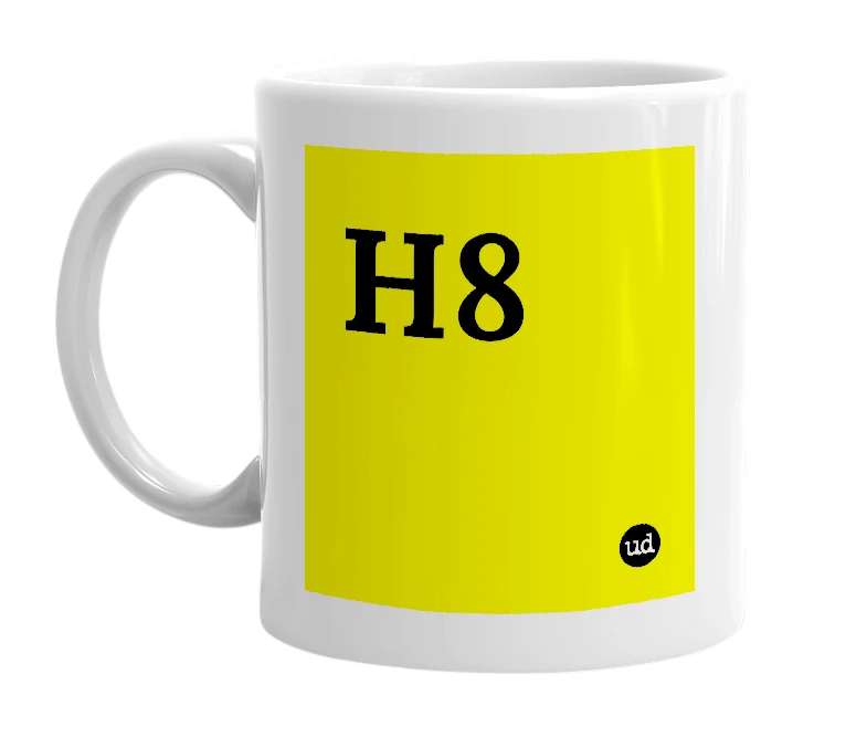 White mug with 'H8' in bold black letters