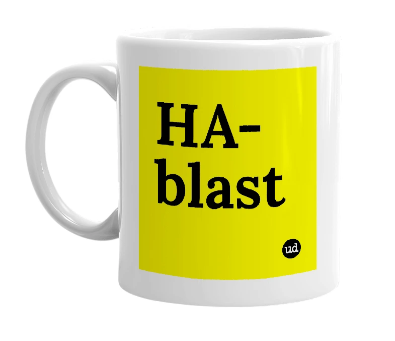 White mug with 'HA-blast' in bold black letters