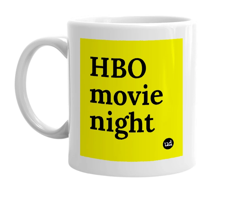 White mug with 'HBO movie night' in bold black letters