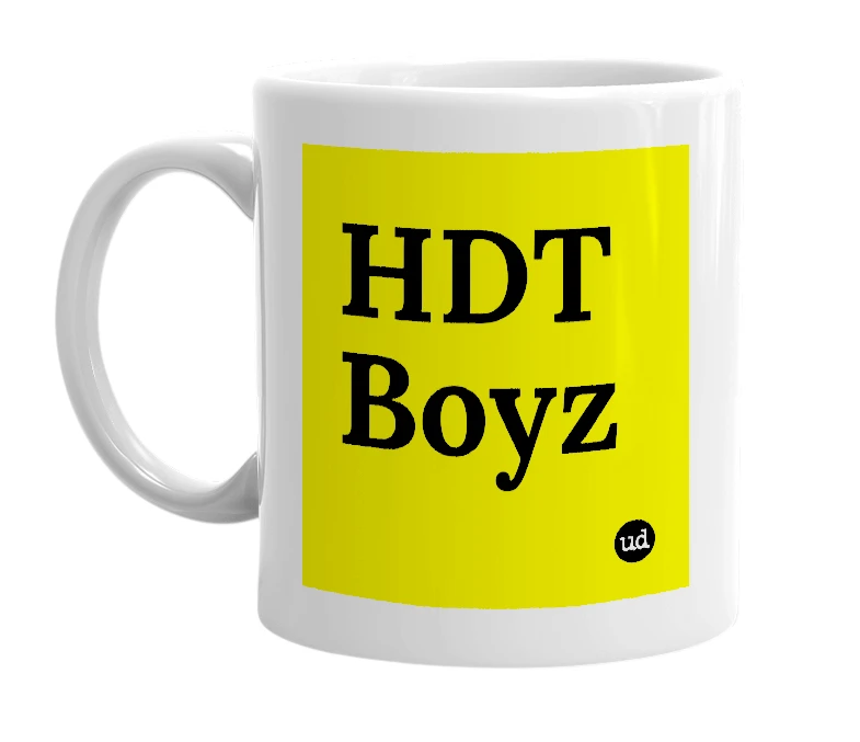 White mug with 'HDT Boyz' in bold black letters