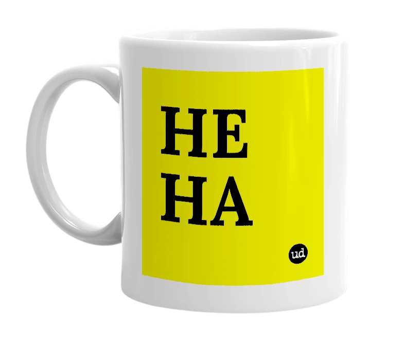 White mug with 'HE HA' in bold black letters