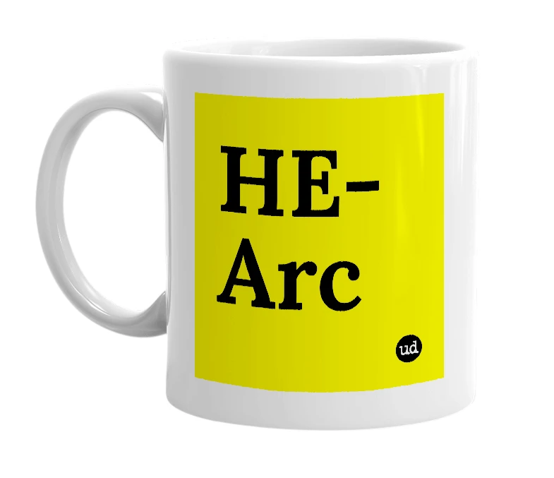 White mug with 'HE-Arc' in bold black letters