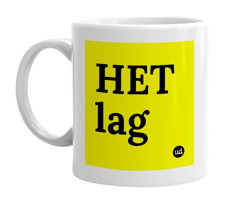 White mug with 'HET lag' in bold black letters