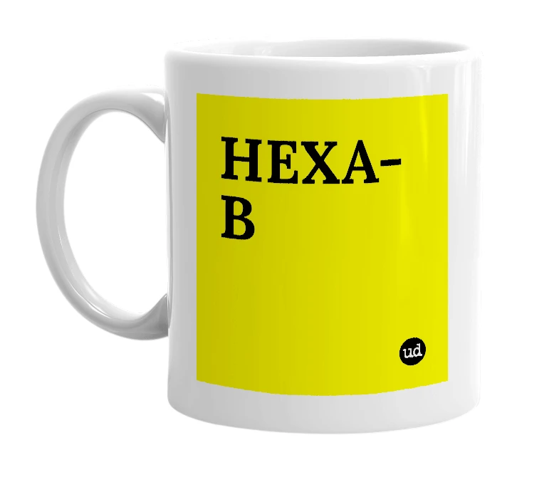 White mug with 'HEXA-B' in bold black letters