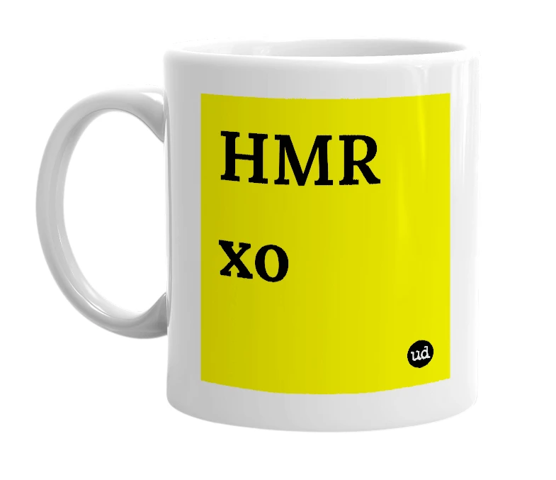 White mug with 'HMR xo' in bold black letters