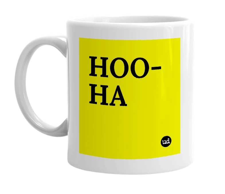 White mug with 'HOO-HA' in bold black letters