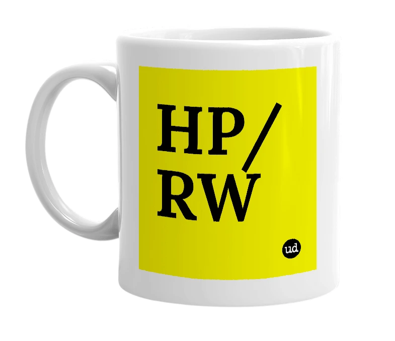 White mug with 'HP/RW' in bold black letters