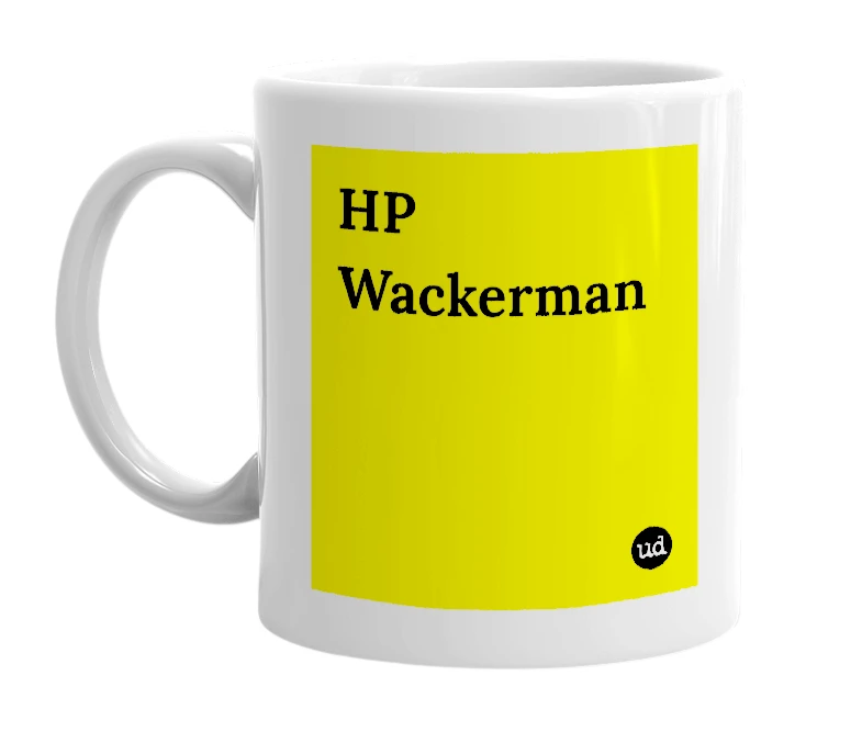 White mug with 'HP Wackerman' in bold black letters