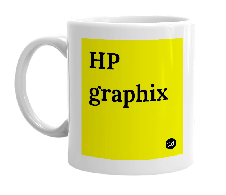 White mug with 'HP graphix' in bold black letters