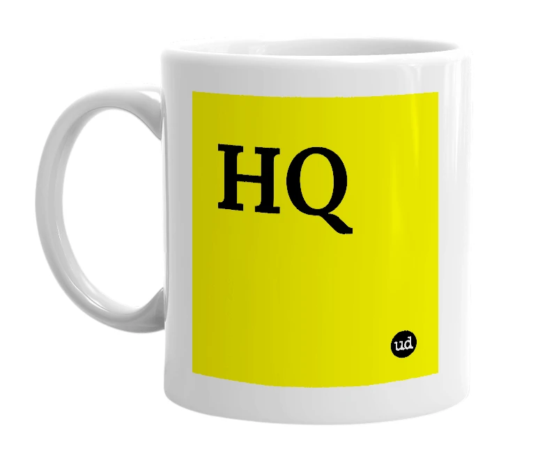 White mug with 'HQ' in bold black letters