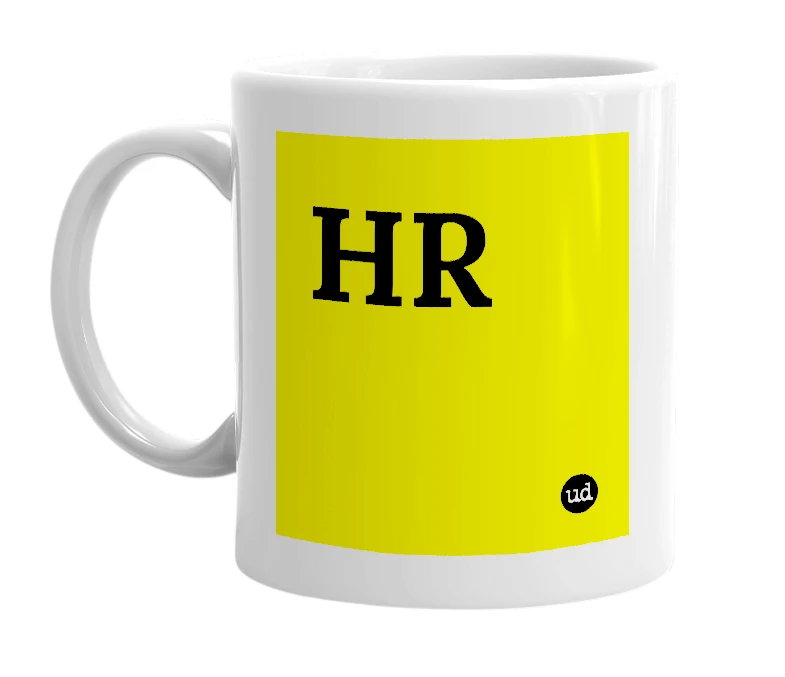 White mug with 'HR' in bold black letters