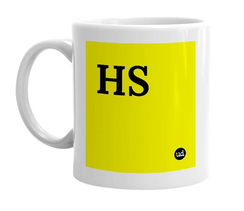 White mug with 'HS' in bold black letters
