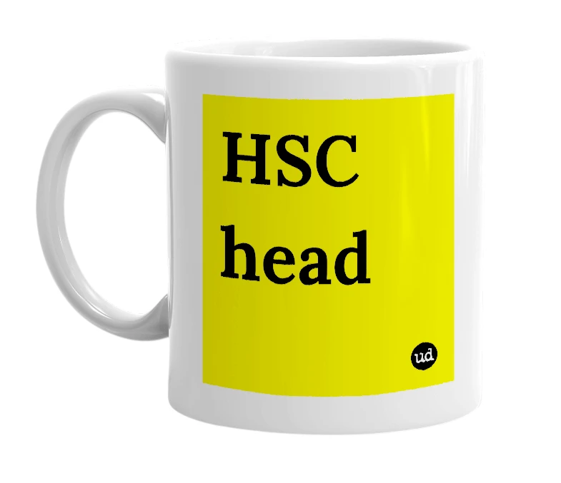 White mug with 'HSC head' in bold black letters