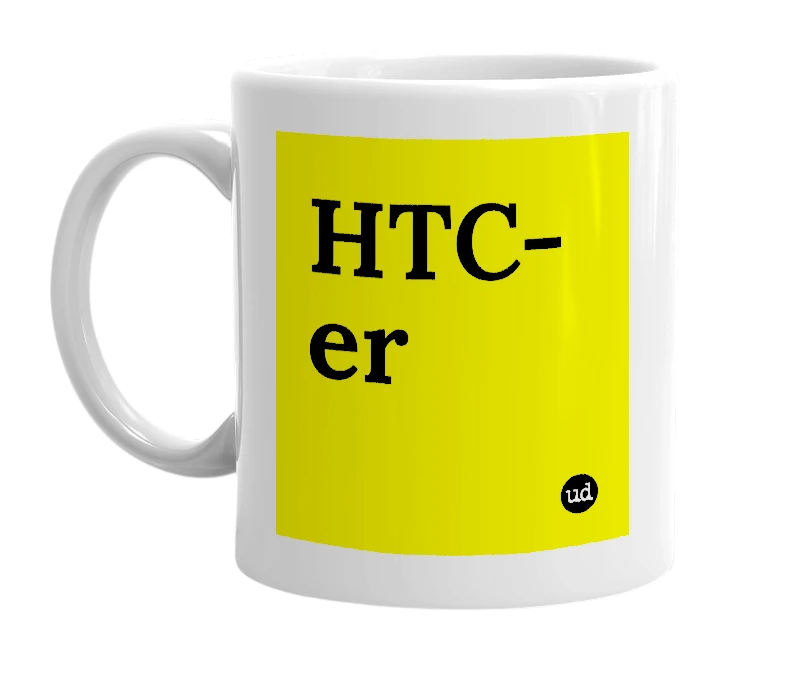 White mug with 'HTC-er' in bold black letters