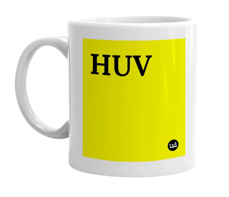 White mug with 'HUV' in bold black letters