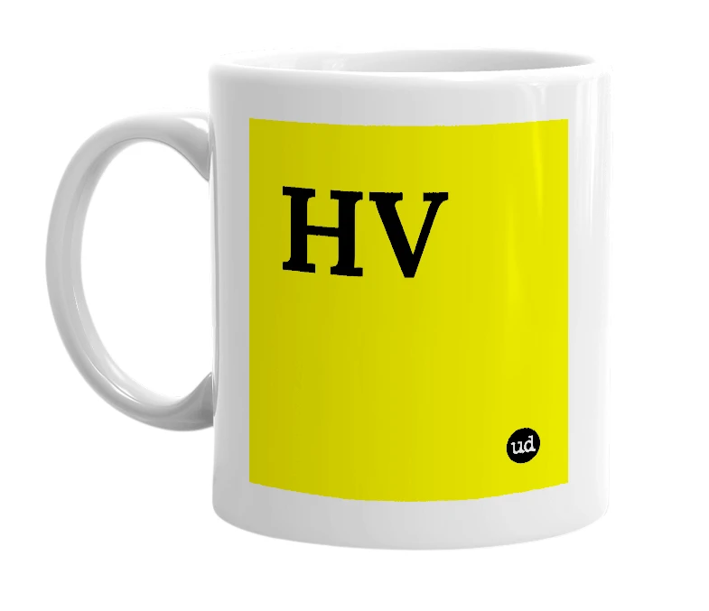 White mug with 'HV' in bold black letters