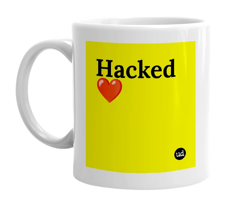 White mug with 'Hacked❤️' in bold black letters