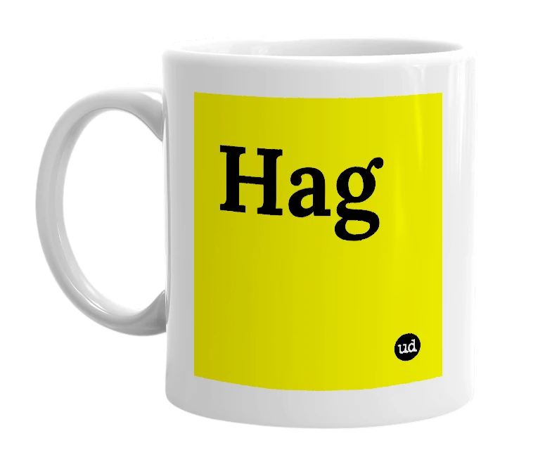 White mug with 'Hag' in bold black letters