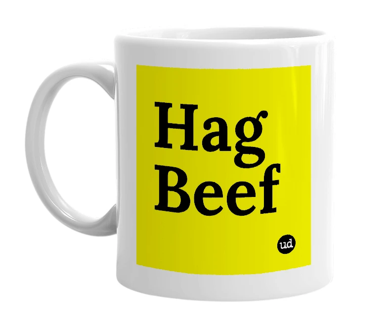 White mug with 'Hag Beef' in bold black letters