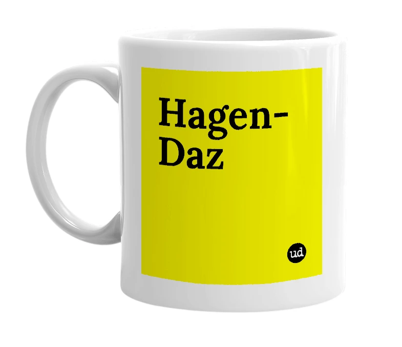 White mug with 'Hagen-Daz' in bold black letters