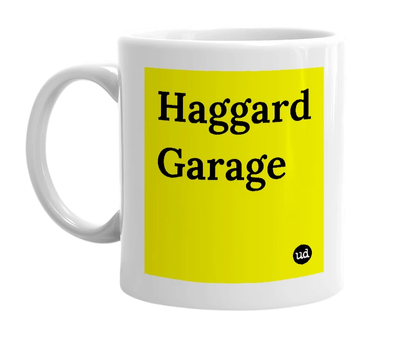 White mug with 'Haggard Garage' in bold black letters
