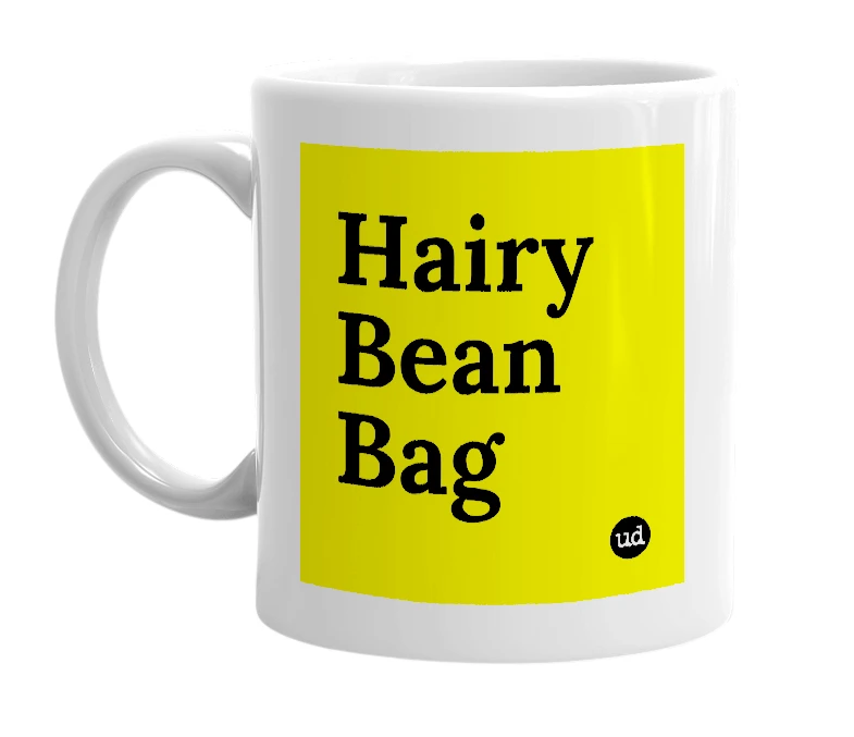 White mug with 'Hairy Bean Bag' in bold black letters