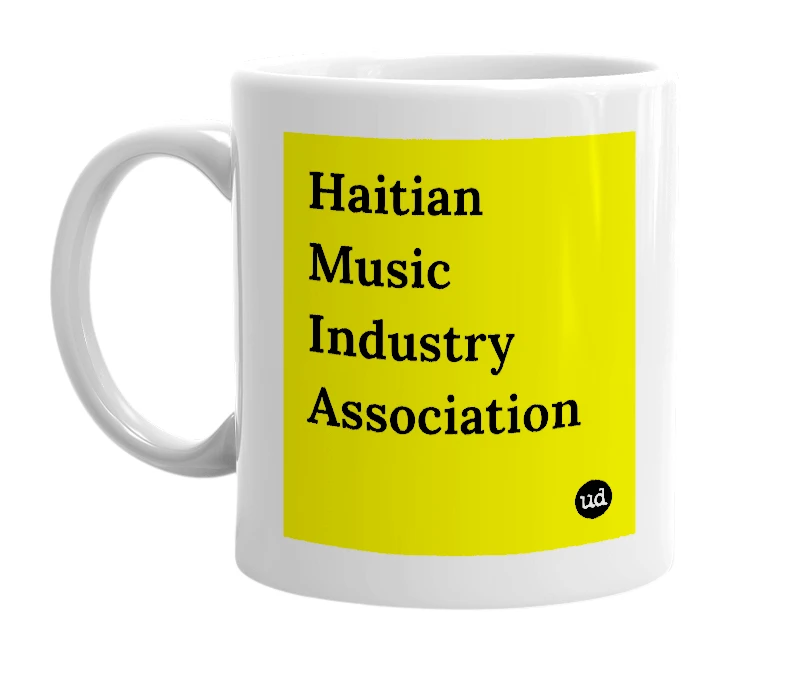 White mug with 'Haitian Music Industry Association' in bold black letters