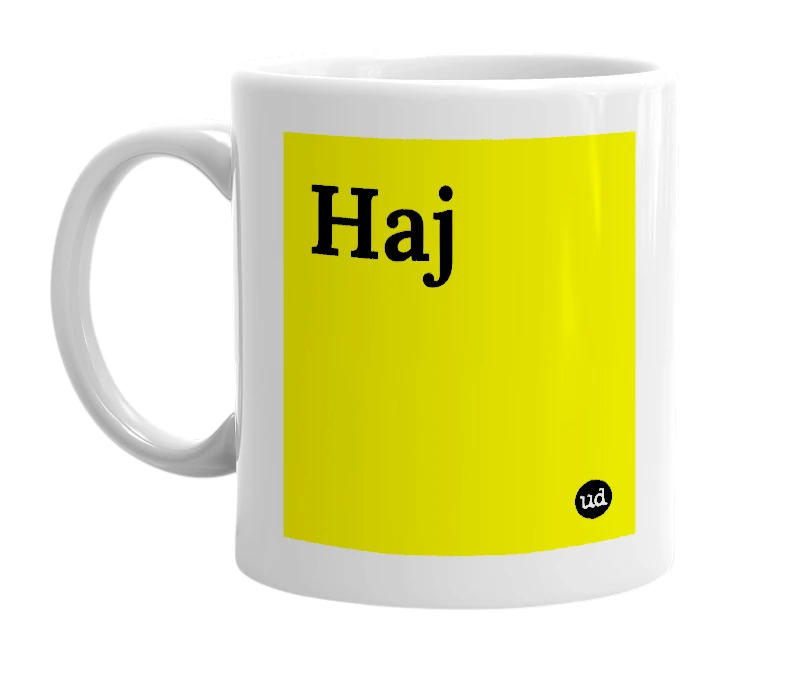 White mug with 'Haj' in bold black letters
