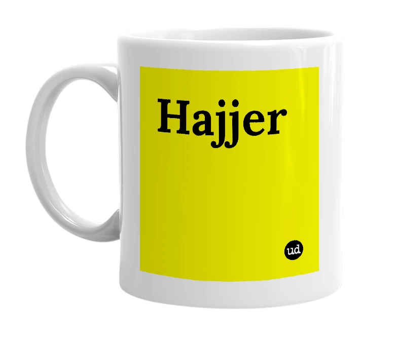 White mug with 'Hajjer' in bold black letters