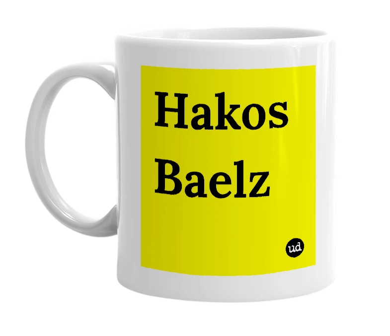 White mug with 'Hakos Baelz' in bold black letters
