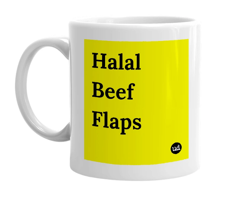White mug with 'Halal Beef Flaps' in bold black letters