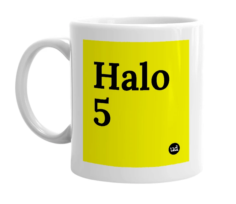White mug with 'Halo 5' in bold black letters
