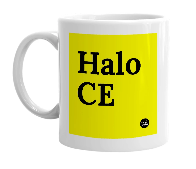White mug with 'Halo CE' in bold black letters