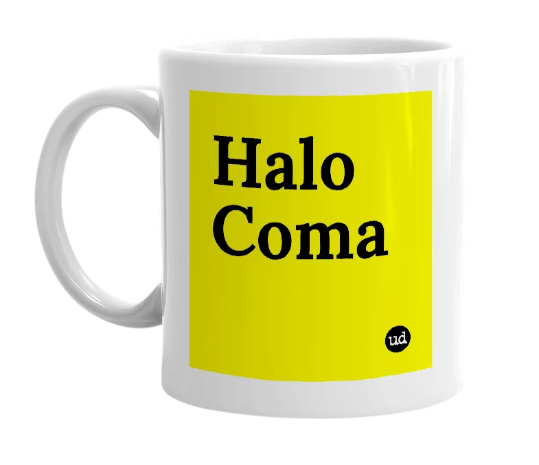 White mug with 'Halo Coma' in bold black letters