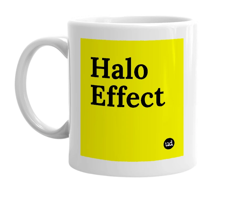 White mug with 'Halo Effect' in bold black letters