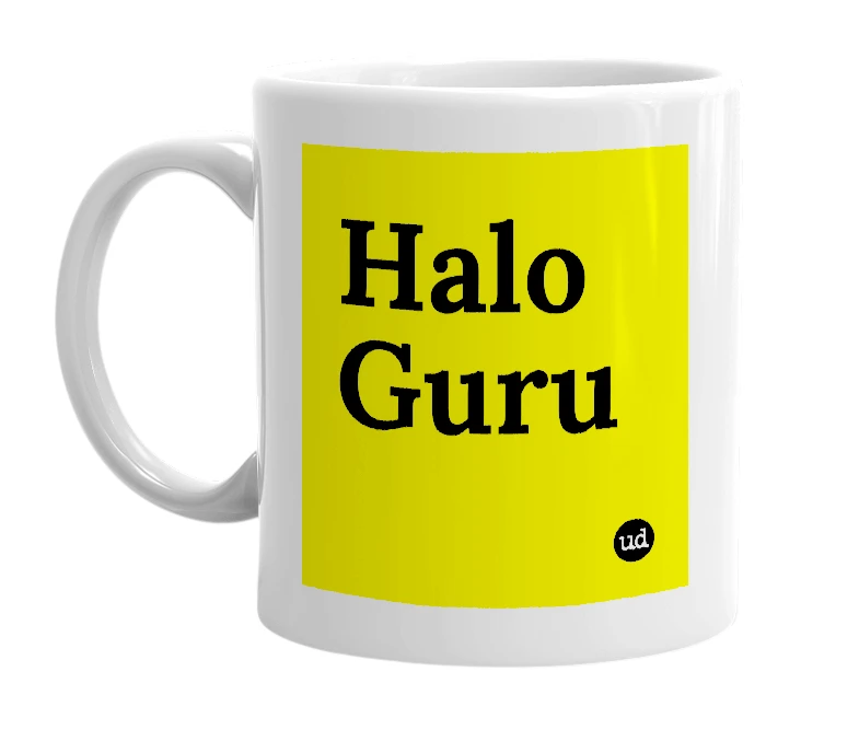 White mug with 'Halo Guru' in bold black letters