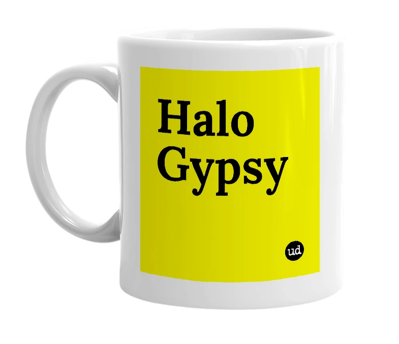 White mug with 'Halo Gypsy' in bold black letters