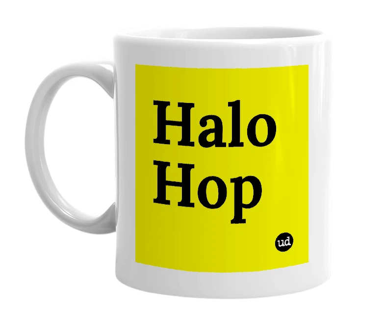 White mug with 'Halo Hop' in bold black letters