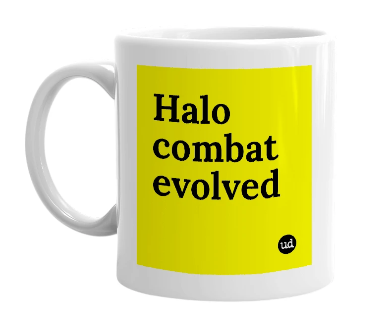 White mug with 'Halo combat evolved' in bold black letters