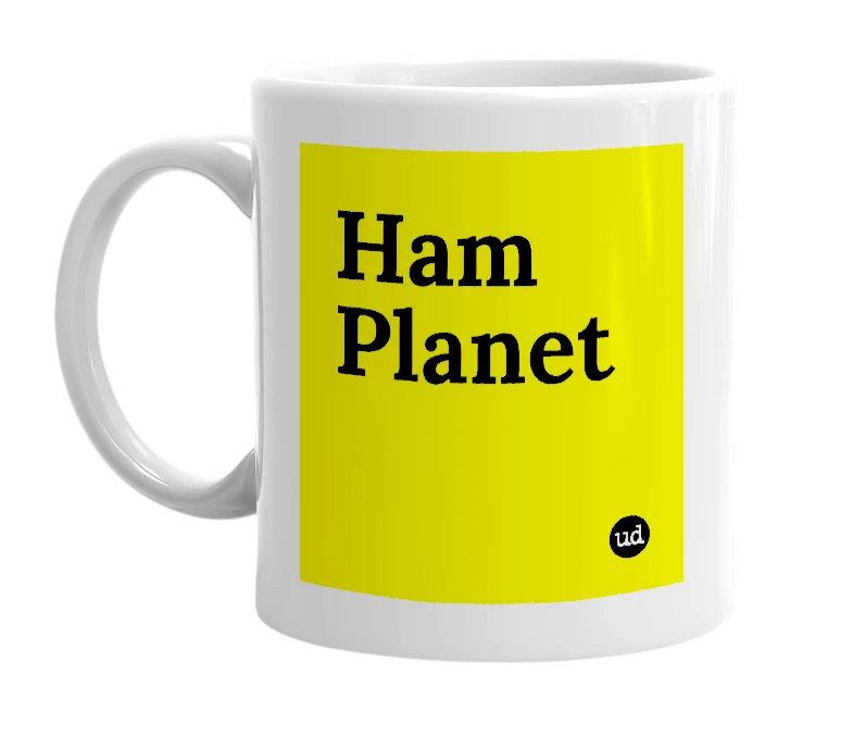 White mug with 'Ham Planet' in bold black letters