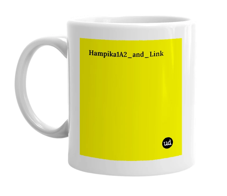 White mug with 'Hampika1A2_and_Link' in bold black letters