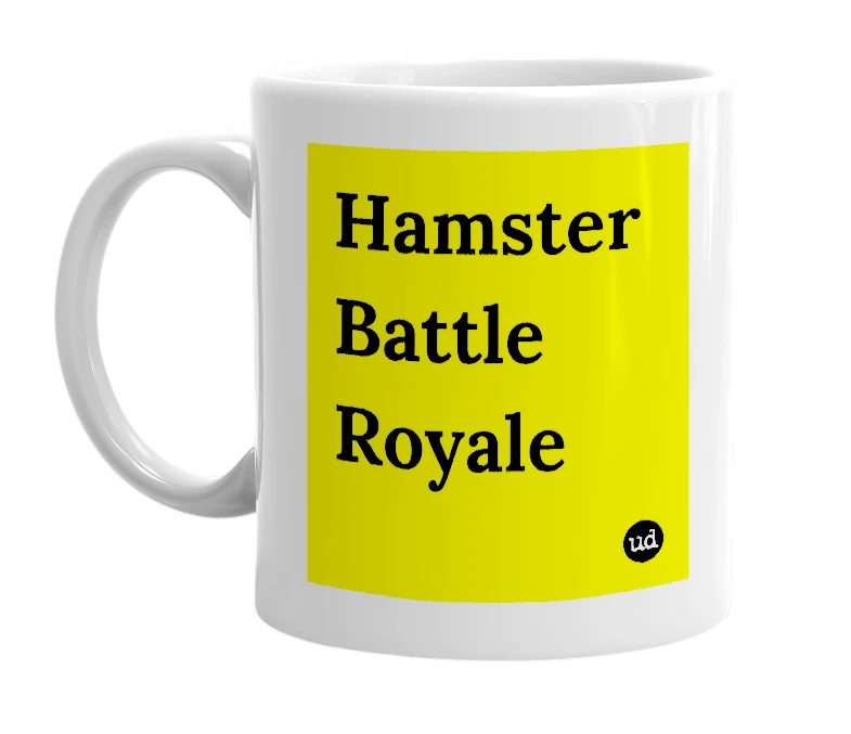 White mug with 'Hamster Battle Royale' in bold black letters