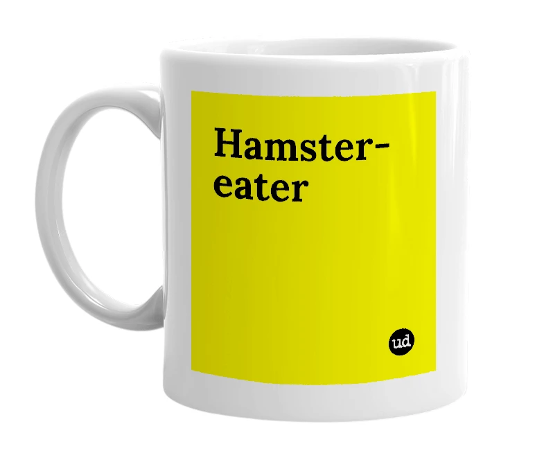 White mug with 'Hamster-eater' in bold black letters