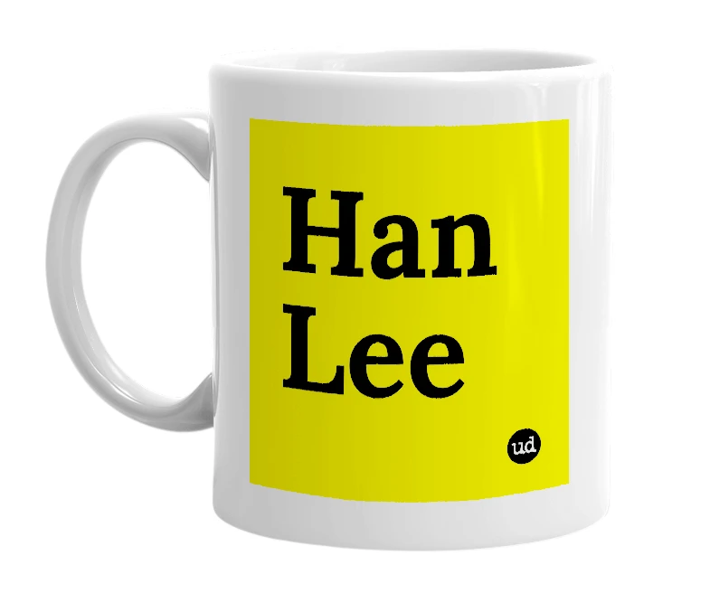 White mug with 'Han Lee' in bold black letters