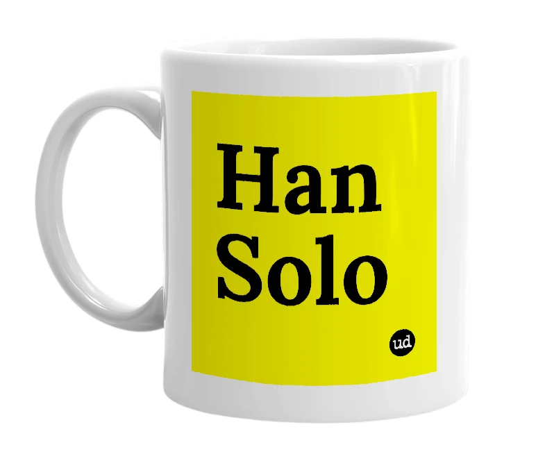 White mug with 'Han Solo' in bold black letters