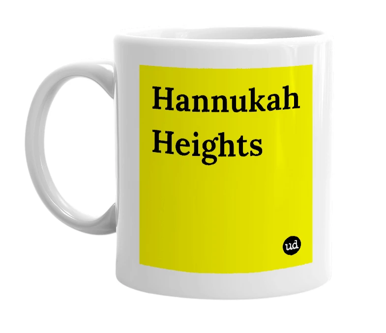 White mug with 'Hannukah Heights' in bold black letters