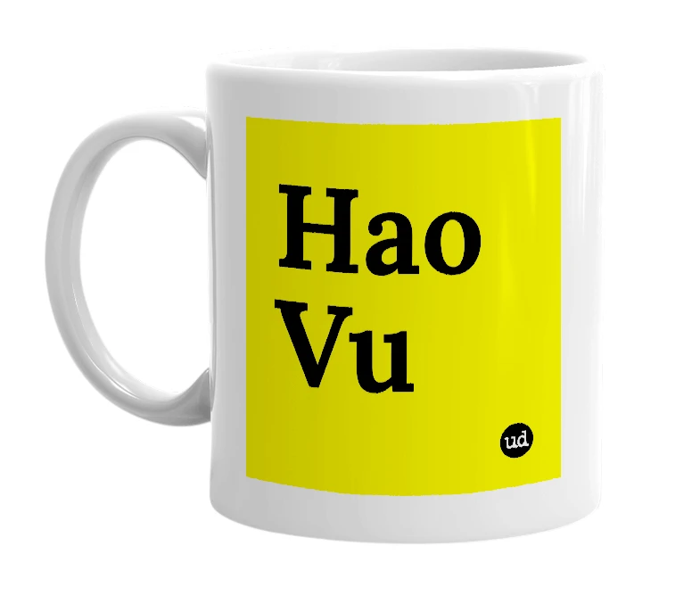 White mug with 'Hao Vu' in bold black letters