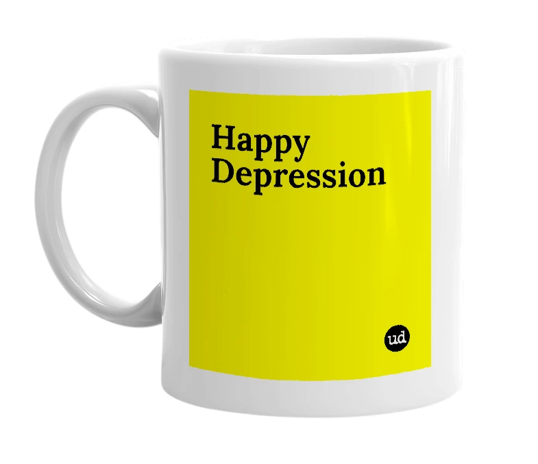 White mug with 'Happy Depression' in bold black letters